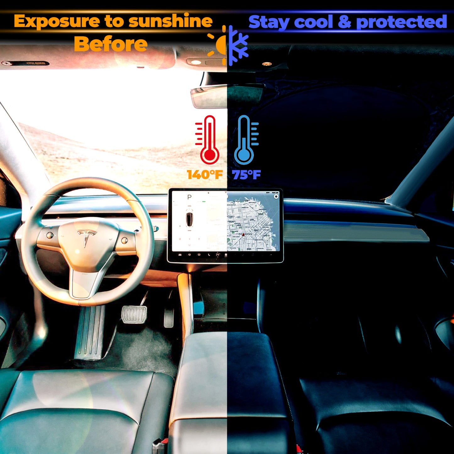 Sun Shade for Car Windshield Foldable Front Window Sun Visor 240T Reflective Fabric Blocks UV Rays and Sun, Automotive Interior Protection for Cars,Trucks, SUVs|L (68.9”x35”)