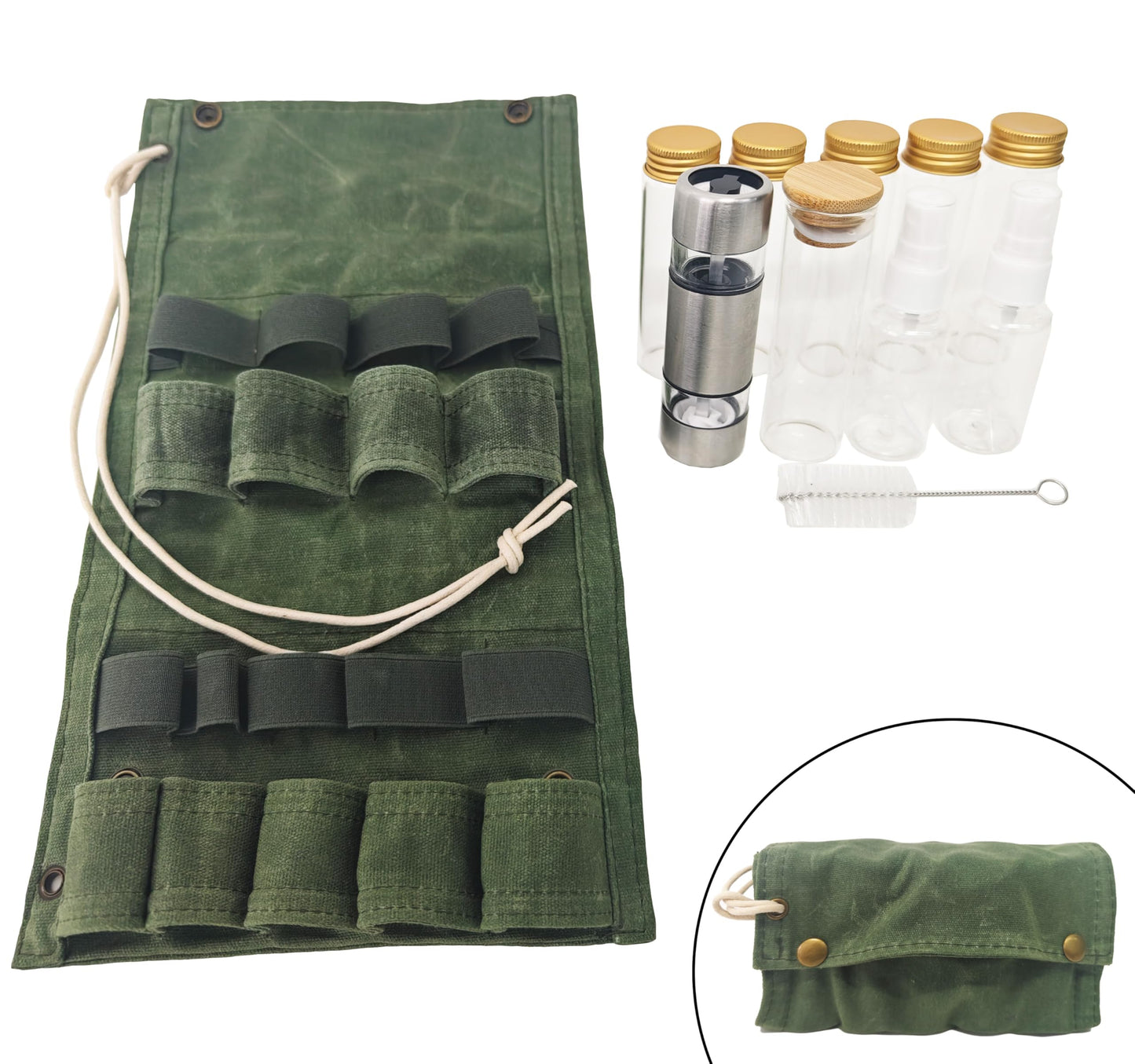 WINRIOO Camping Travel Spice Kit，Portable Mini Camping Spice Containers with 6 Jars，1 Salt/Pepper Grinders，2 Oil Spray，Foldable Canvas Seasoning Storage Bag for Outdoor Picnic BBQ