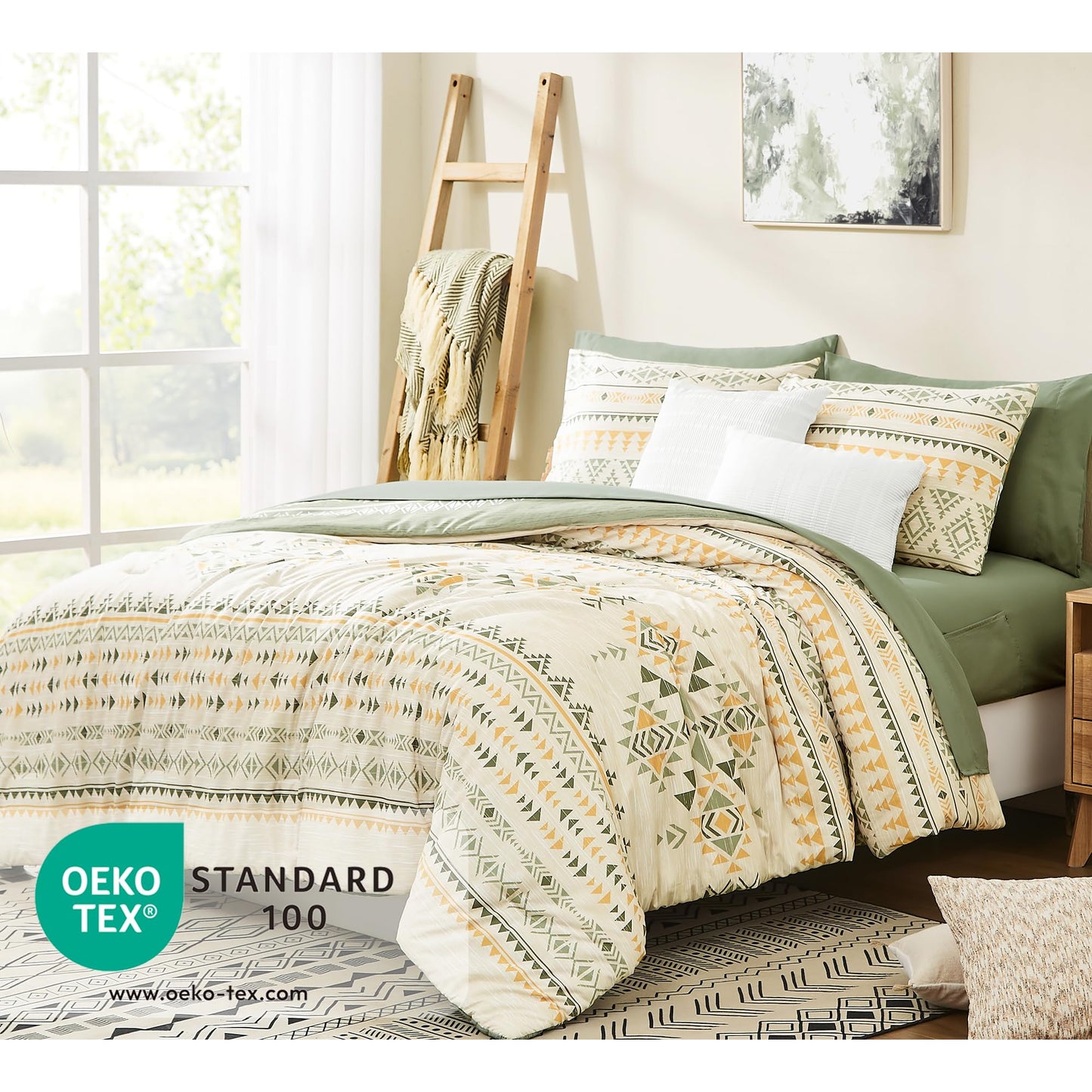 Geniospin Queen Comforter Set - 7 Pieces Reversible Bedding Set, Boho Bed in A Bag, Lightweight Soft Aztec Bedding, All Season Bed Comforter Set with Sheets, Pillowcases & Shams