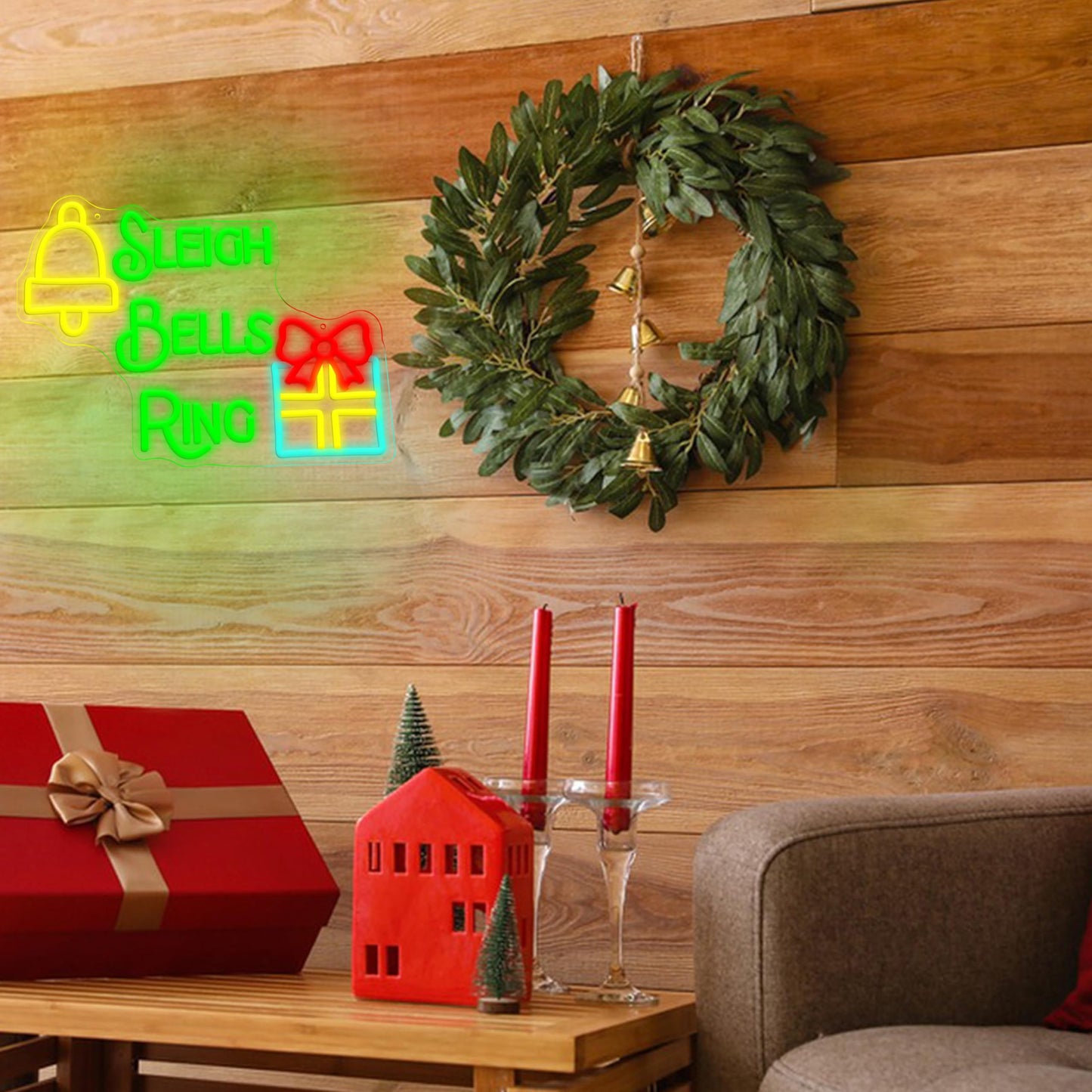 AEHEMNGZ Sleigh Bells Ring Neon Sign for Wall Decor Bells Christmas Neon Light for Party Holiday Home Decor Fun Christmas Gift Idea（16.5 * 12.6 In）