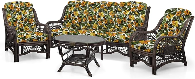 Malibu Lounge Set of 4: 2 Natural Rattan Wicker Chairs, Three-Seater Sofa