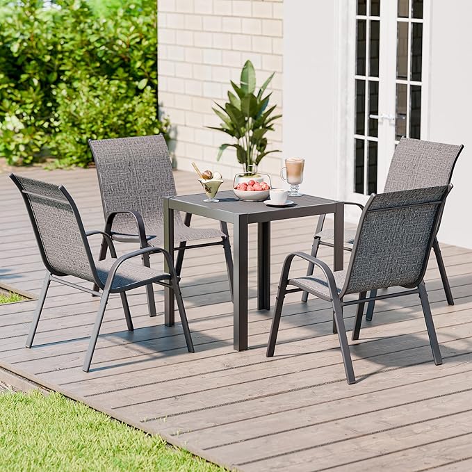 Betterhood Patio Chairs Set of 4, Stackable Outdoor Dining Chairs Set with Breathable Seat Fabric, All-Weather Powder-Coated Metal Frame for Deck, Pool Side and Backyard, 350LBS Capacity (Grey)