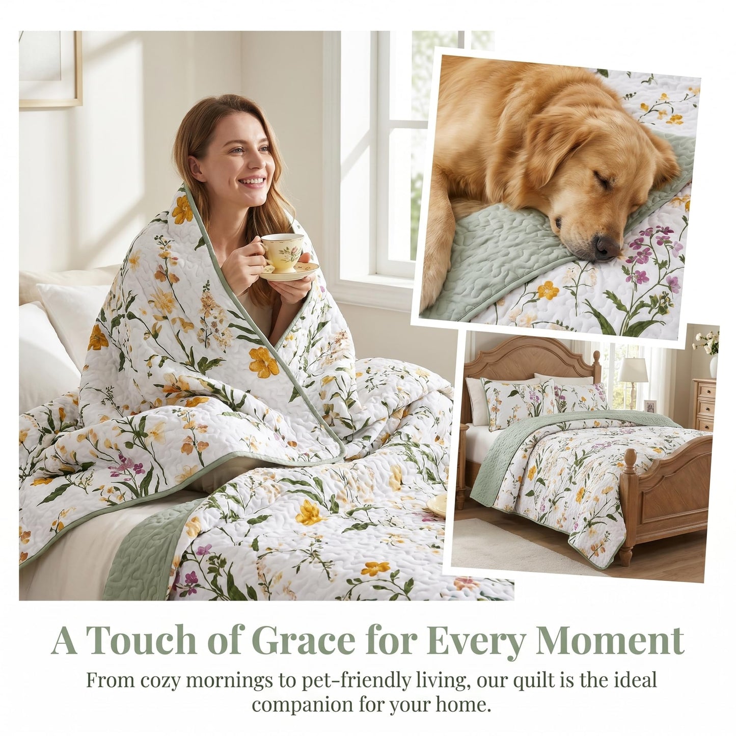 SANOCAY Boho Floral Quilt Set Queen Size 3 Piece Lightweight Summer Bedding Set with 2 Pillow Shams Soft Reversible Microfiber Bedspread Farmhouse Coverlet for All Season (Minimalist Floral, Queen)
