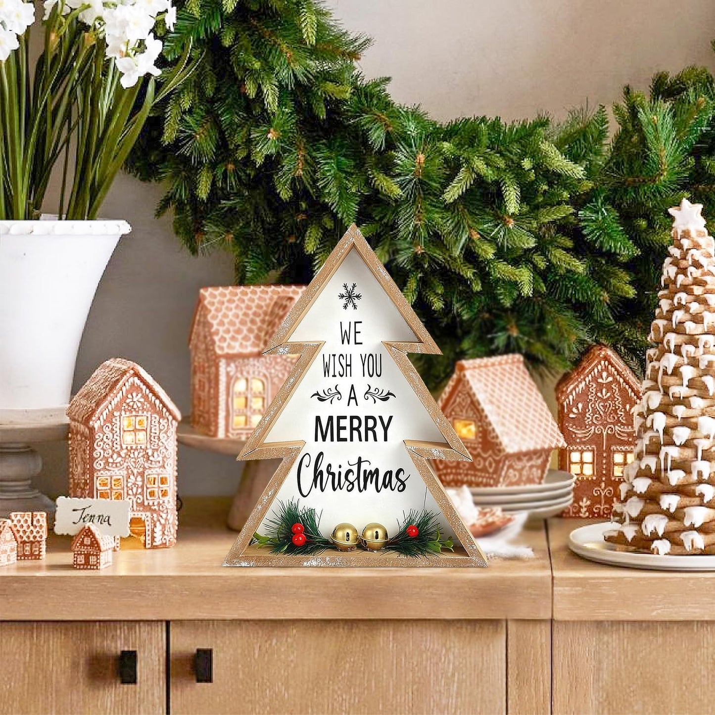 Christmas Table Decorations for Home Christmas Tree Centerpiece Decoration Indoor Wooden Farmhouse Rustic Xmas Trees Tabletop Sign Decorative Block Shelf Tiered Tray Office Desk Window Decor Party Holiday Merry