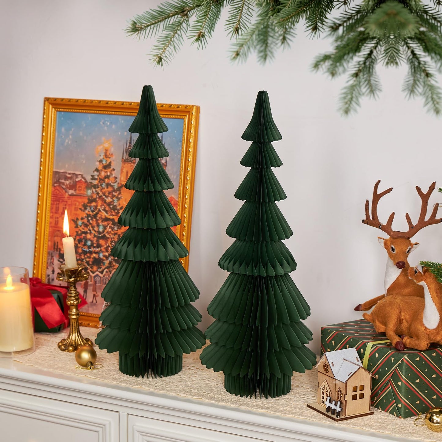 OBBOLO 20 Inch Green Paper Christmas Tree, 2 Pcs Foldable Honeycomb Tabletop Christmas Decorations with Magnetic Closure, Reusable Paper Trees for Holiday Table Centerpieces and Mantel