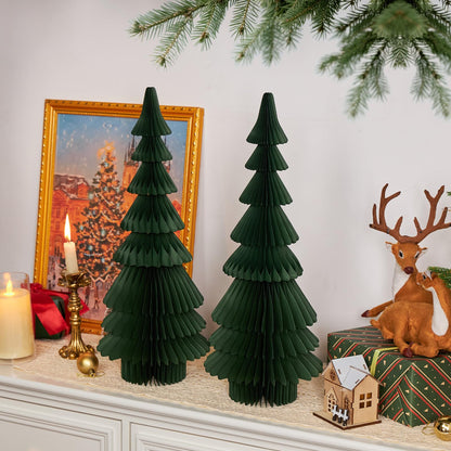OBBOLO 20 Inch Green Paper Christmas Tree, 2 Pcs Foldable Honeycomb Tabletop Christmas Decorations with Magnetic Closure, Reusable Paper Trees for Holiday Table Centerpieces and Mantel