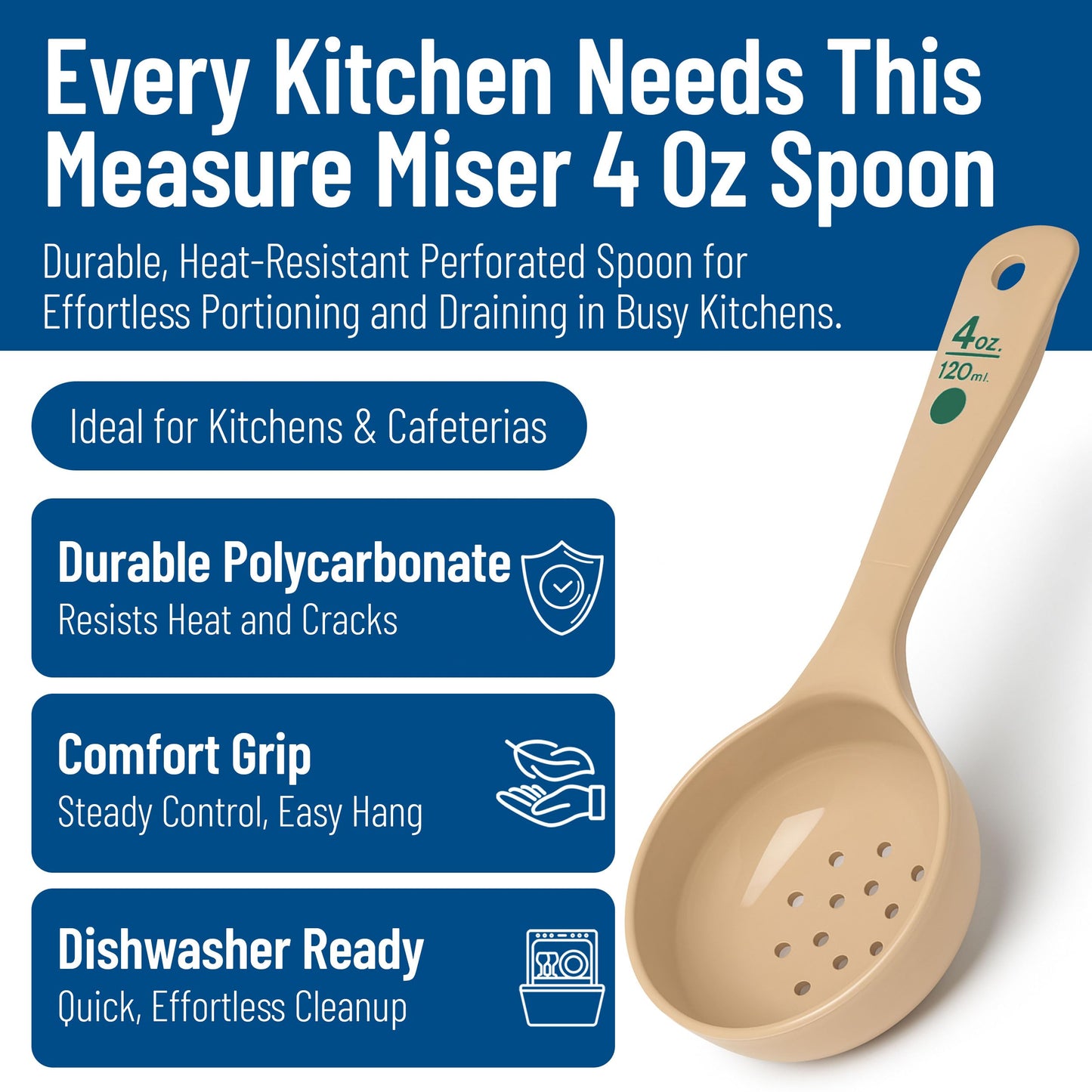 Carlisle FoodService Products Measure Miser Plastic Perforated Measuring Spoon with Short Handle, 4 Ounces, Beige