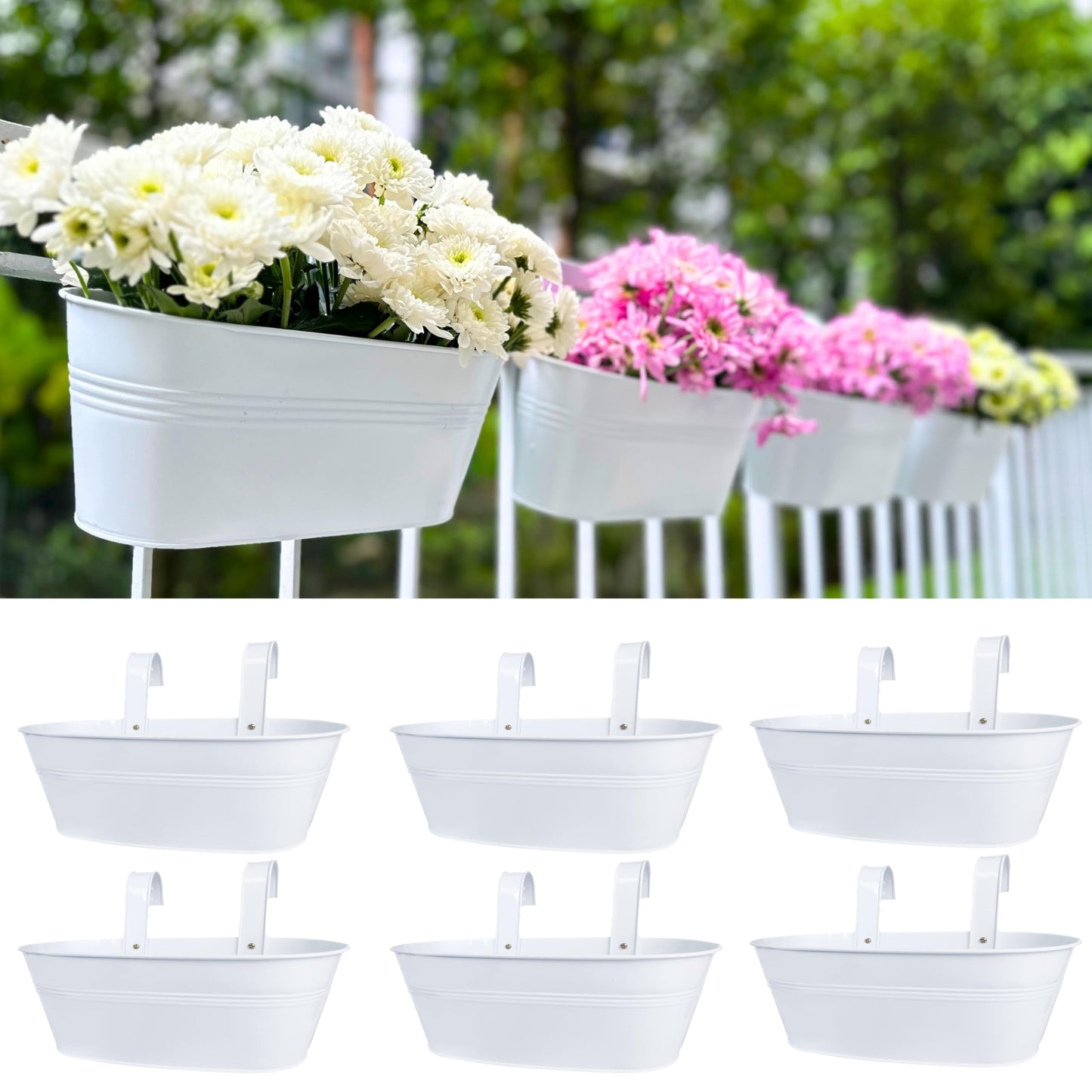 LaLaGreen Outdoor Plants Rail Planter (16 Inch, 6 Pack) White Metal Iron Hanging Flower Pots Deck Railings Fence Buckets Modern Boho Style Wall Mount Window Boxes Plant Holder Hooks Porch Home Decor