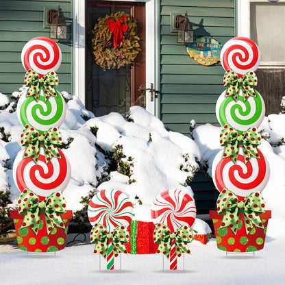 Meonum 4 Pcs Peppermint Candy Christmas Decorations Outdoor Large Christmas Yard Stakes Lime Green and Red Xmas Candy Garden Lawn Signs with Stakes and Bow for Home Pathway Walkway Party Decor(Red)