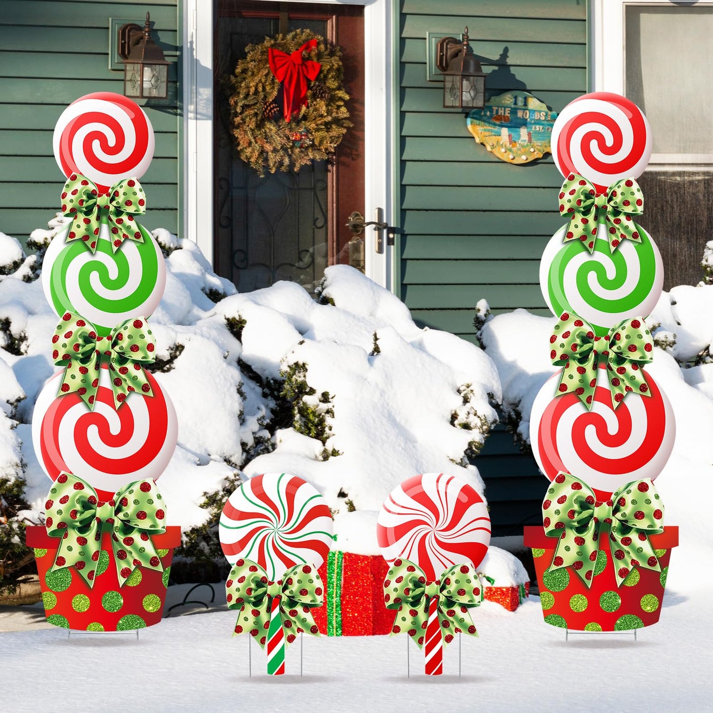 Meonum 4 Pcs Peppermint Candy Christmas Decorations Outdoor Large Christmas Yard Stakes Lime Green and Red Xmas Candy Garden Lawn Signs with Stakes and Bow for Home Pathway Walkway Party Decor(Red)