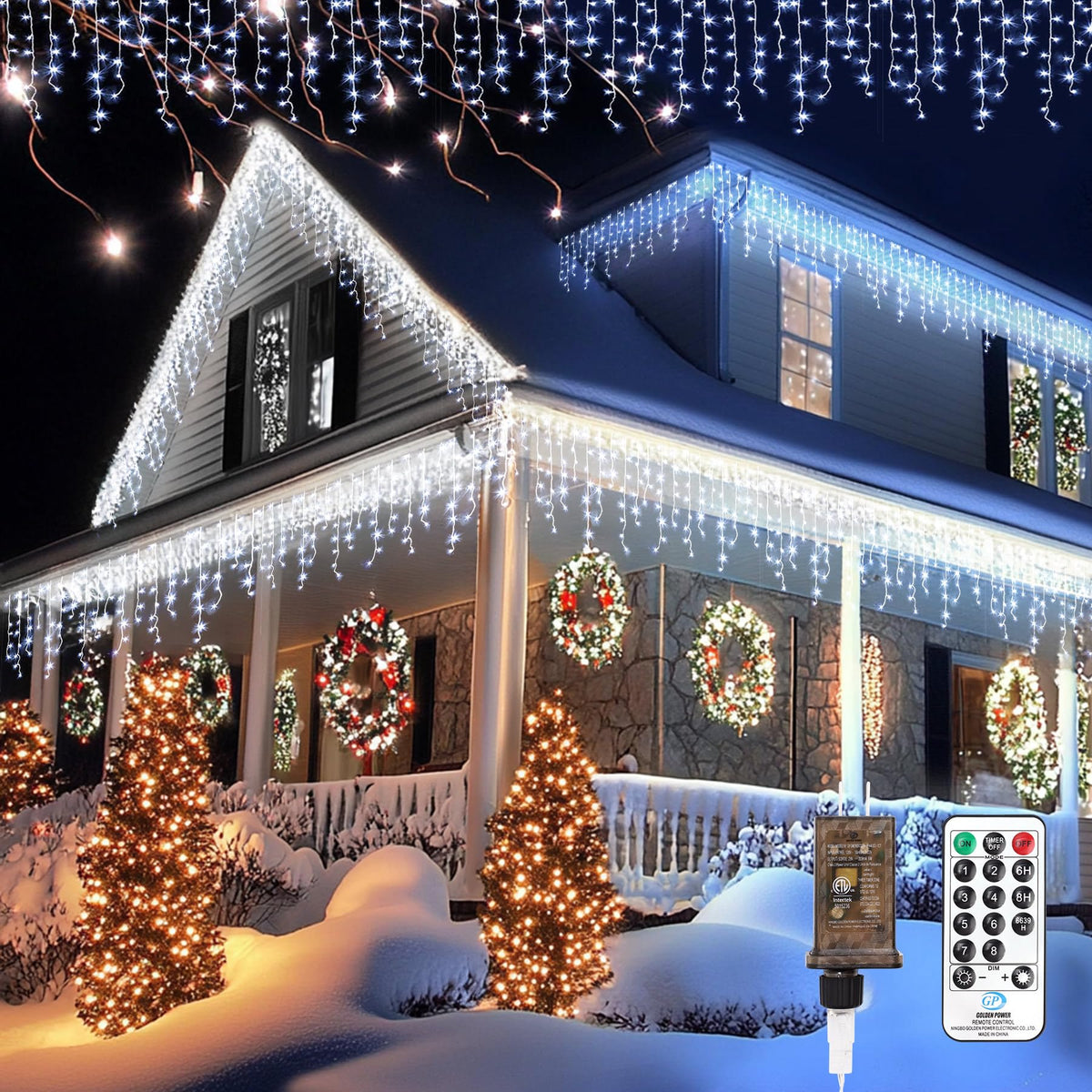 TOPPORTED Icicle LED Christmas Lights Outdoor, 624 LED 59FT 8 Modes with 96 Drops Cool White Icicle Lights,Outdoor Indoor Fairy String Lights for Christmas Party,Holiday,Wedding Decorations