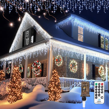 TOPPORTED Icicle LED Christmas Lights Outdoor, 624 LED 59FT 8 Modes with 96 Drops Cool White Icicle Lights,Outdoor Indoor Fairy String Lights for Christmas Party,Holiday,Wedding Decorations