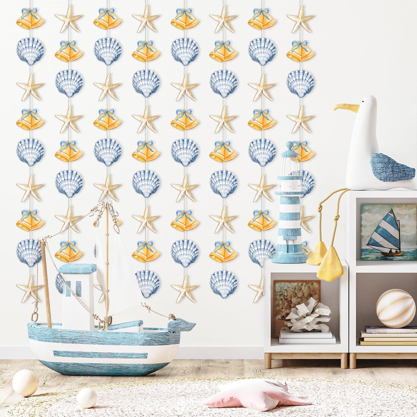 JarThenaAMCS 8 Pack Ocean Garland Coastal Beach Party Decorations Nautical Seashell Starfish Bells Hanging Banner Ornaments Pre-Assembled for Summer Under the Sea Wedding Baby Shower Mermaid Party