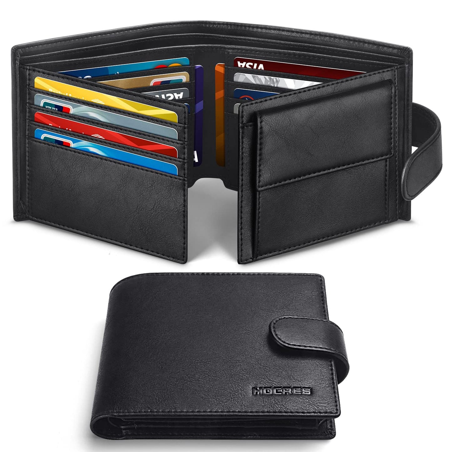 HOCRES Wallets for Men, RFID Blocking Wallet,Mens Wallet, Leather Wallet with 14 Credit Card Holders, 2 Banknote Compartments, 2 ID Window, Minimalist Mens Wallet with Gift Box, Black