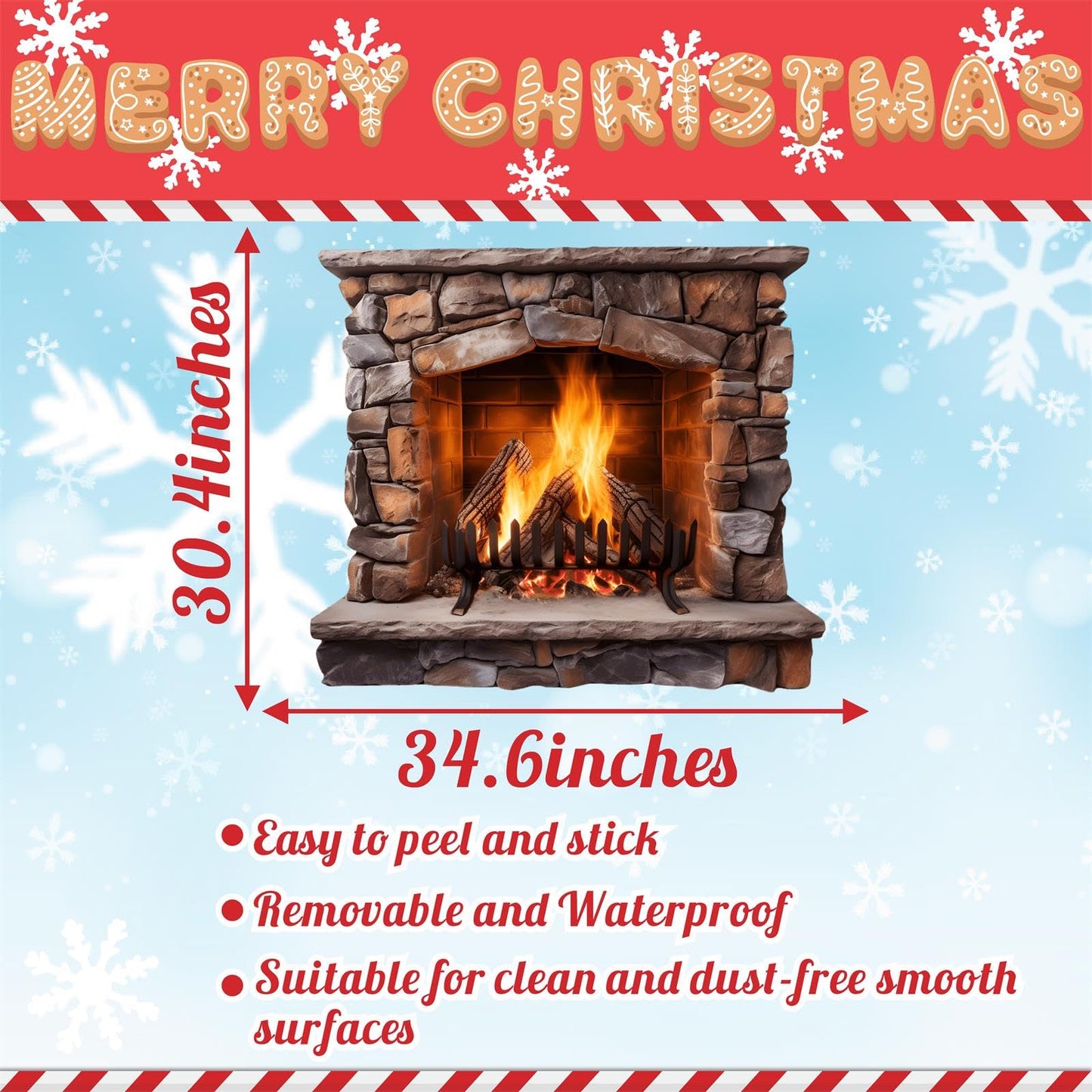 Large Christmas Wall Decals Christmas Wall Decoration Vinyl Sticker Peel and Stick Indoor Xmas Fireplace Decal for Walls Removable Peppermints Xmas Art Murals for Living Room Holiday Xmas Party Supply