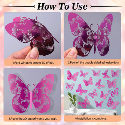 3D Butterfly Wall Decor 60pcs 5 Styles 3 Sizes Butterflies Wall Sticker Removable DIY Hollow PVC Butterfly Wall Decals for Kids Baby Bedroom Girls Teens Nursery Classroom Wedding Birthday Cake Party