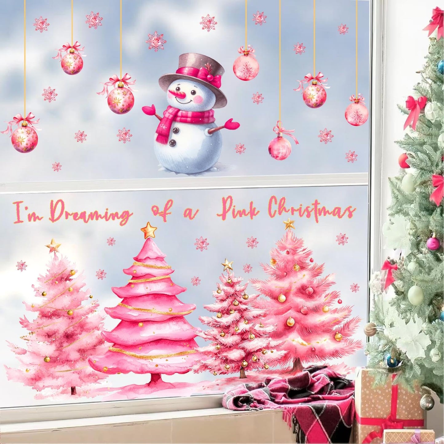 Pink Christmas Window Clings Double-Sided Christmas Tree Windows Decoration Stickers Indoor Xmas Pine Tree Window Decals for Glass Snowman Snowflakes Decals for Winter Holiday Party Supply