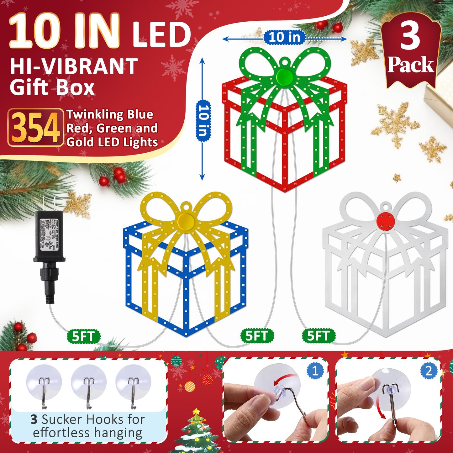 ElectricWise 3 Pack 10'' Christmas Window Lights, 354 LEDs Hi Vibrant Twinkling Lighted Gift Boxes, Waterproof Plug in Christmas Window Silhouette Light Present Decoration for Door Wall, Xmas Decor