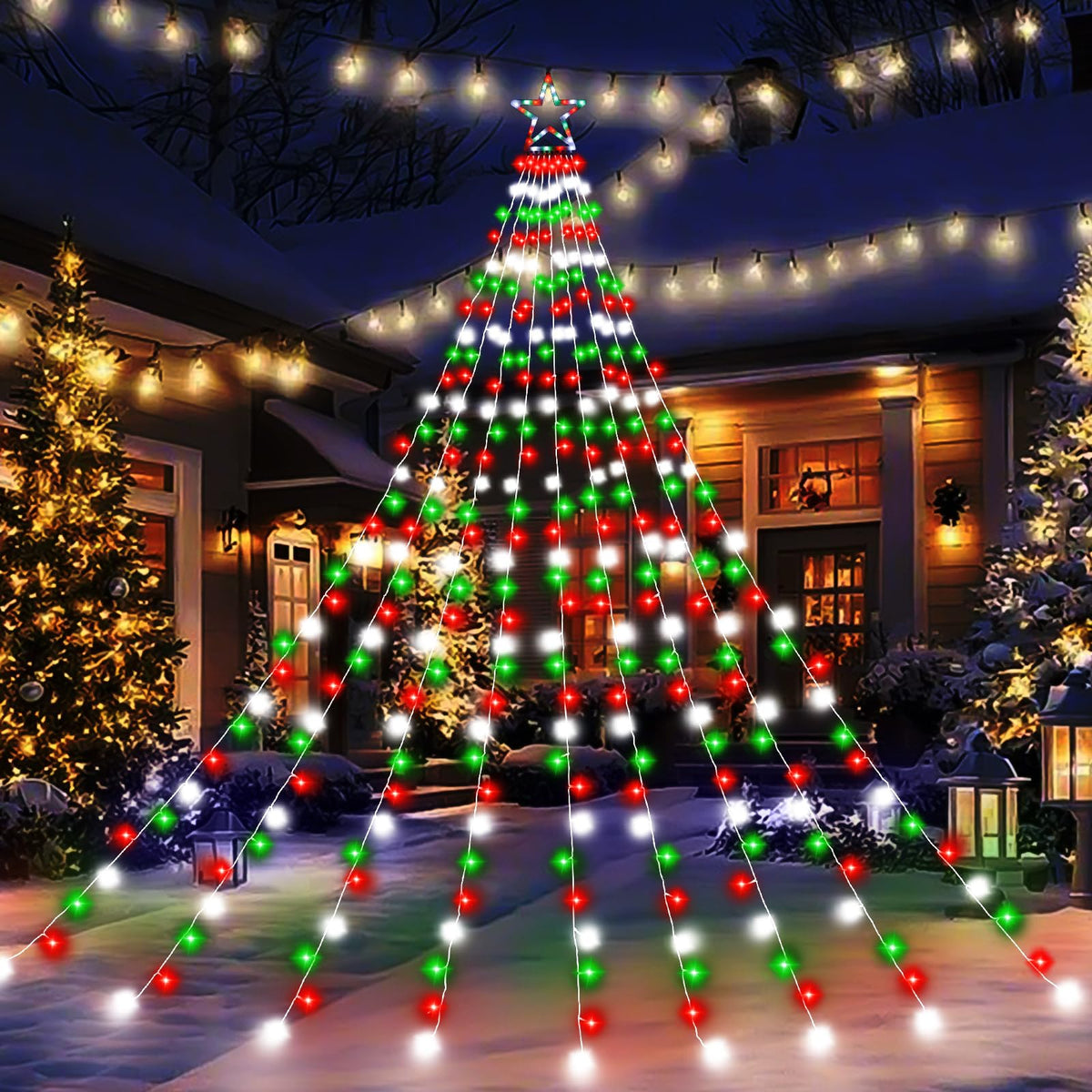 Christmas Decoration Lights, Outdoor Christmas String Lights 320 LED 11.5 Ft Waterfall Tree Light with Big Star Topper 8 Light Modes for Xmas New Year Holiday Garden Yard Indoor Outdoor Decor