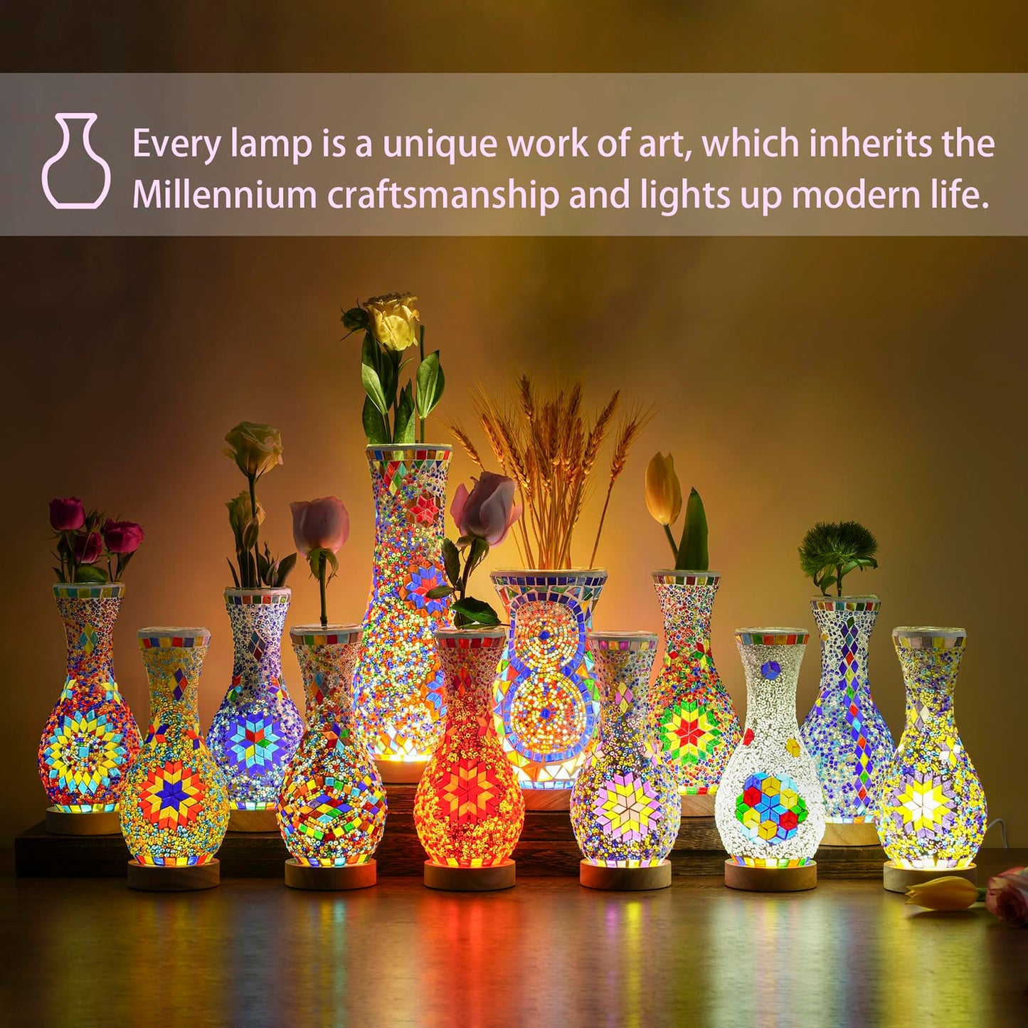 JAITAIK Stylish Turkish Mosaic Table Lamp Glass Vase Light with USB Power for Living Room or Bedroom Decoration