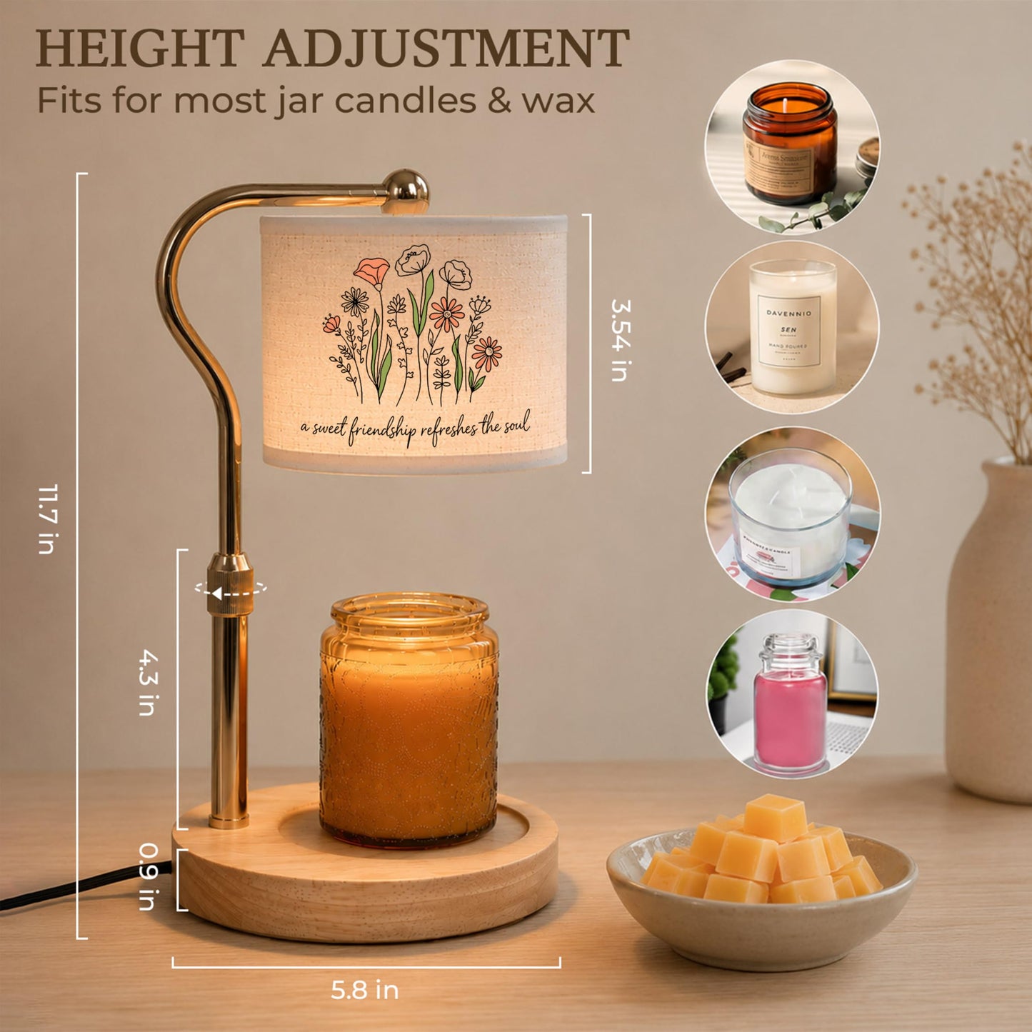 GIFTELIX Candle Warmer Lamp with Timer Dimmable - Electric Candles Wax Warmers Adjustable Height - House Warming New Home Decor - Christmas Birthday Gifts for Women Friend Sister Christian Friendship