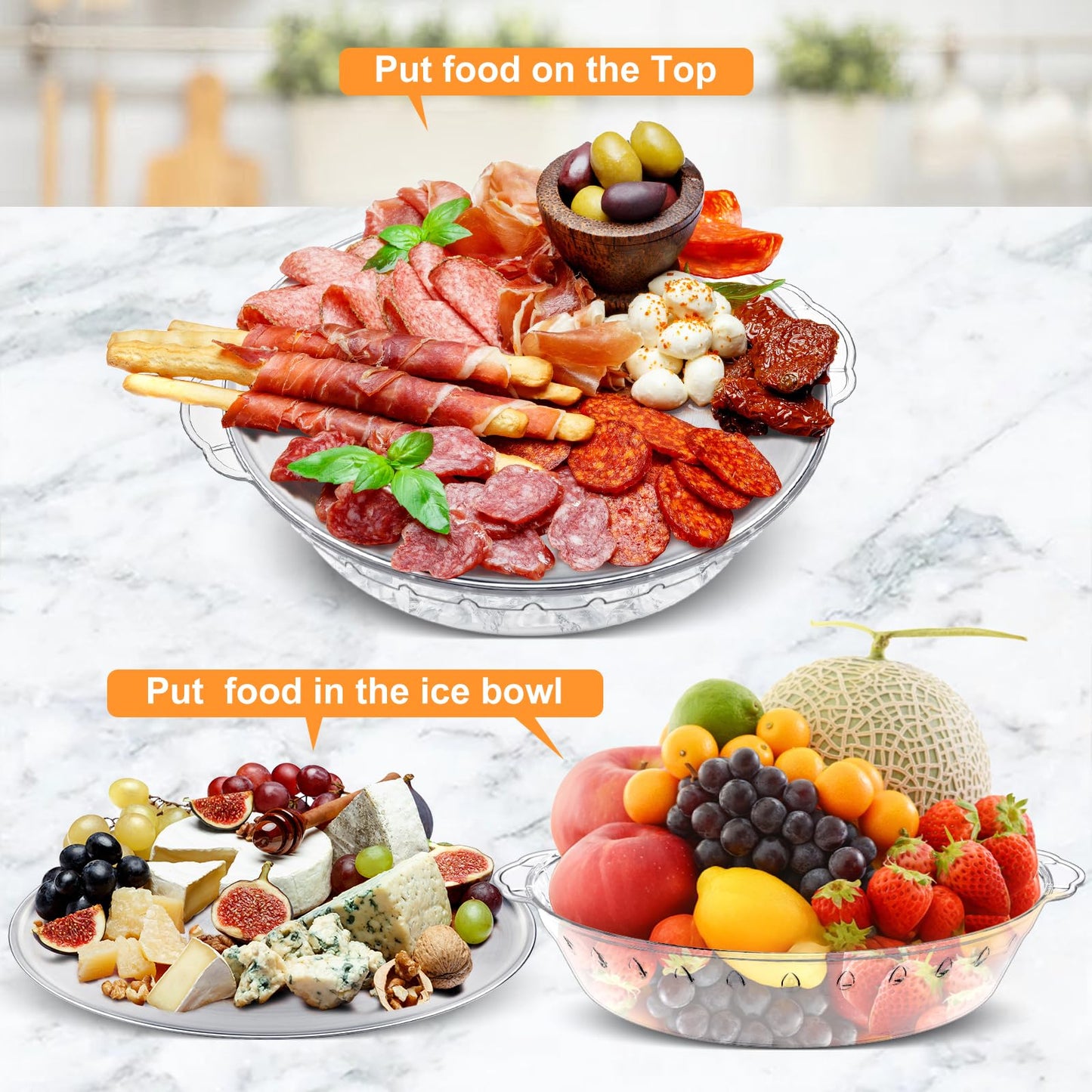 3-Pack 11.8" Chilled Serving Tray for Parties with Ice Underneath & 10 Forks – Cold Platter for Fruit, Veggies, Seafood, Shrimp Cocktail, Appetizers – Buffet, Picnic, Outdoor Party Keep food Cold Dish