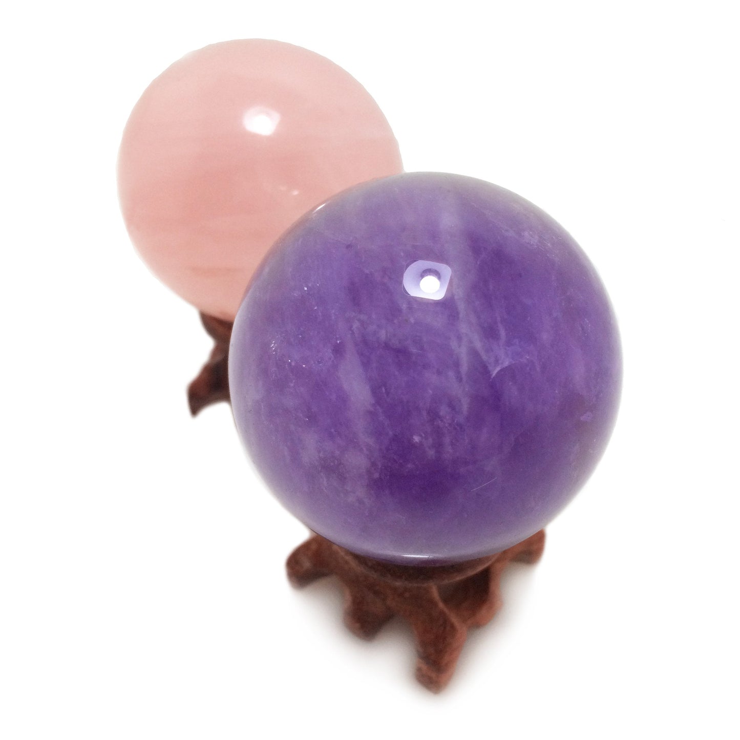 Polar Jade Natural Crystal Balls, Rose Quartz and Amethyst Power Stone Spheres with Stand for Crystal Healing, Meditation, Feng Shui, Scrying, Decor, Hand-Made