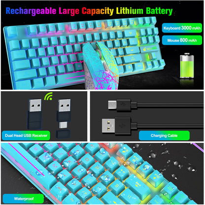 Wireless Gaming Keyboard and Mouse Combo with 87 Key Rainbow LED Backlight Rechargeable 3800mAh Battery Mechanical Feel Anti-ghosting Ergonomic Waterproof RGB Mute Mice for Computer PC Gamer (Blue)