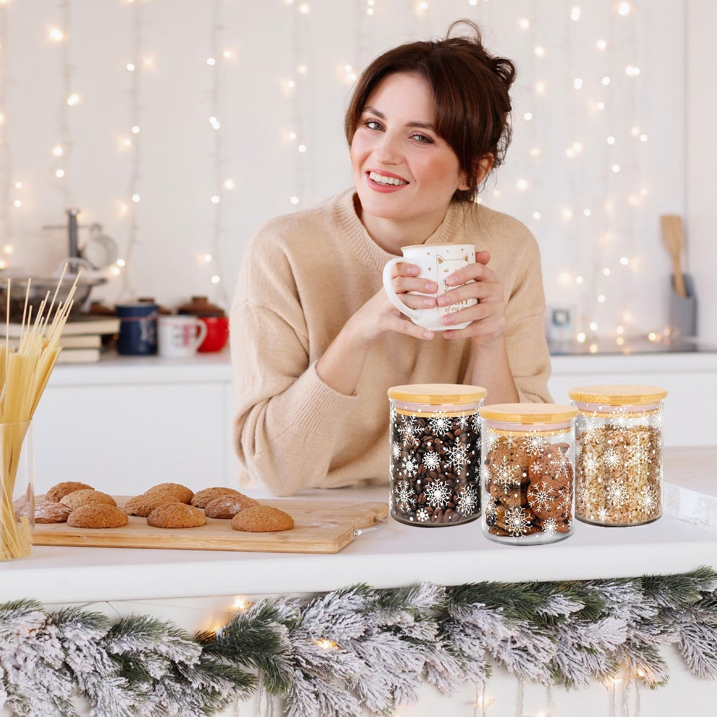 JarThenaAMCS 3Pcs Christmas Glass Storage Jars White Winter Snowflake Clear Canisters Set with Airtight Lid Cookie Candy Storage for Xmas Party Home Kitchen Countertop Decor