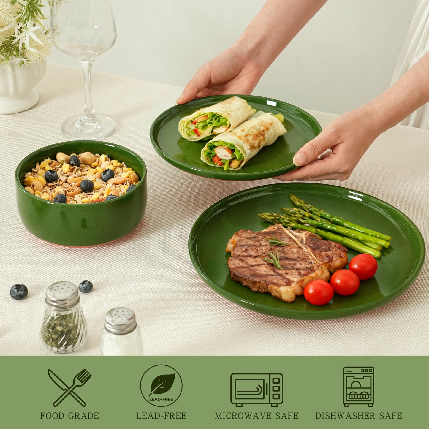 Ruxmirae Stoneware Cereal and Soup Bowls Set of 4, 6-Inch Dual Glaze Ceramic Bowls for Breakfast & Oatmeal, Microwave and Dishwasher Safe, Forest Glaze Green