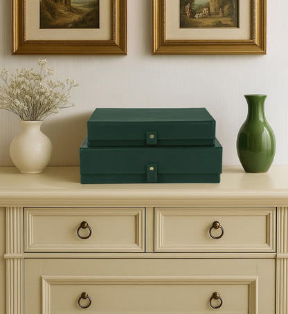 HofferRuffer Photo Storage Boxes with Dust-Proof Lid, Set of 2 Faux Leather Lidded Storage Bins, Photo, Jewelry, Scrapbooking Supplies, Keepsake Organizer for Elegant Home & Office Decor (Green)