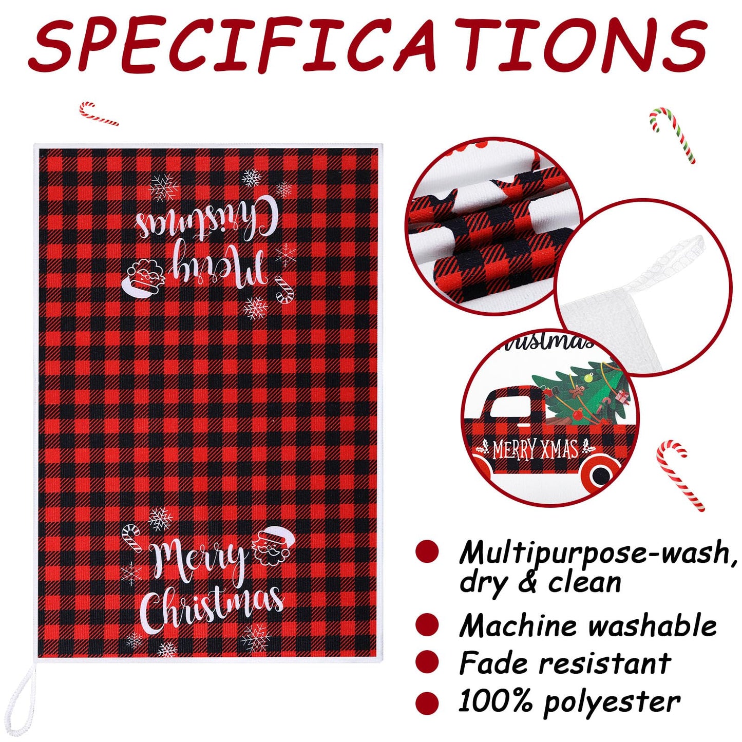 Honoson Christmas Kitchen Towels Ultra Absorbent Dish Quick to Drying Buffalo Plaid Hand Towel Polyester Cleaning Tea Towels for Home Washing Drying Dishes Kitchen Supplies(Black, Red,Plaid)