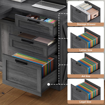 Homiflex 78.7" L Shaped Executive Desk with Drawers and File Cabinet, Farmhouse Large Office Desk with Power Outlets & Sliding Door Storage, Corner Computer Desk for Home Office Gaming, Dark Grey
