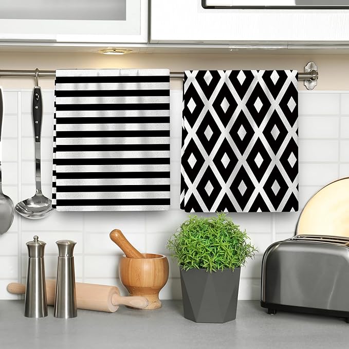 White Black Kitchen Towels Decorative Set of 4, Soft Absorbent Abstract Modern