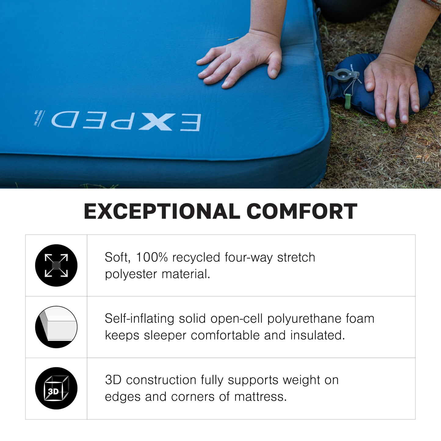 Exped DeepSleep Mat Single MW - Self Inflating Firm Car Sleeping Mat, 3” Foam Pad, Pump Included