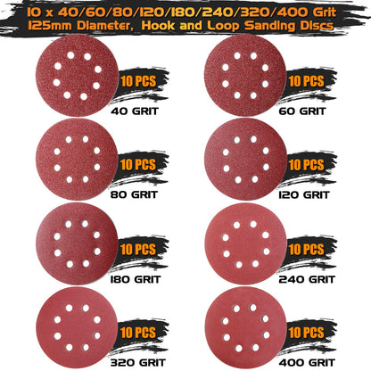 80pcs 125mm Sanding Discs, Hook and Loop 10 x 40/60/80/120/180/240/320/400 Mixed Grit, 8 Hole 5 Inch Round Sanding Discs Pads for Random Orbital Sander by Taspire