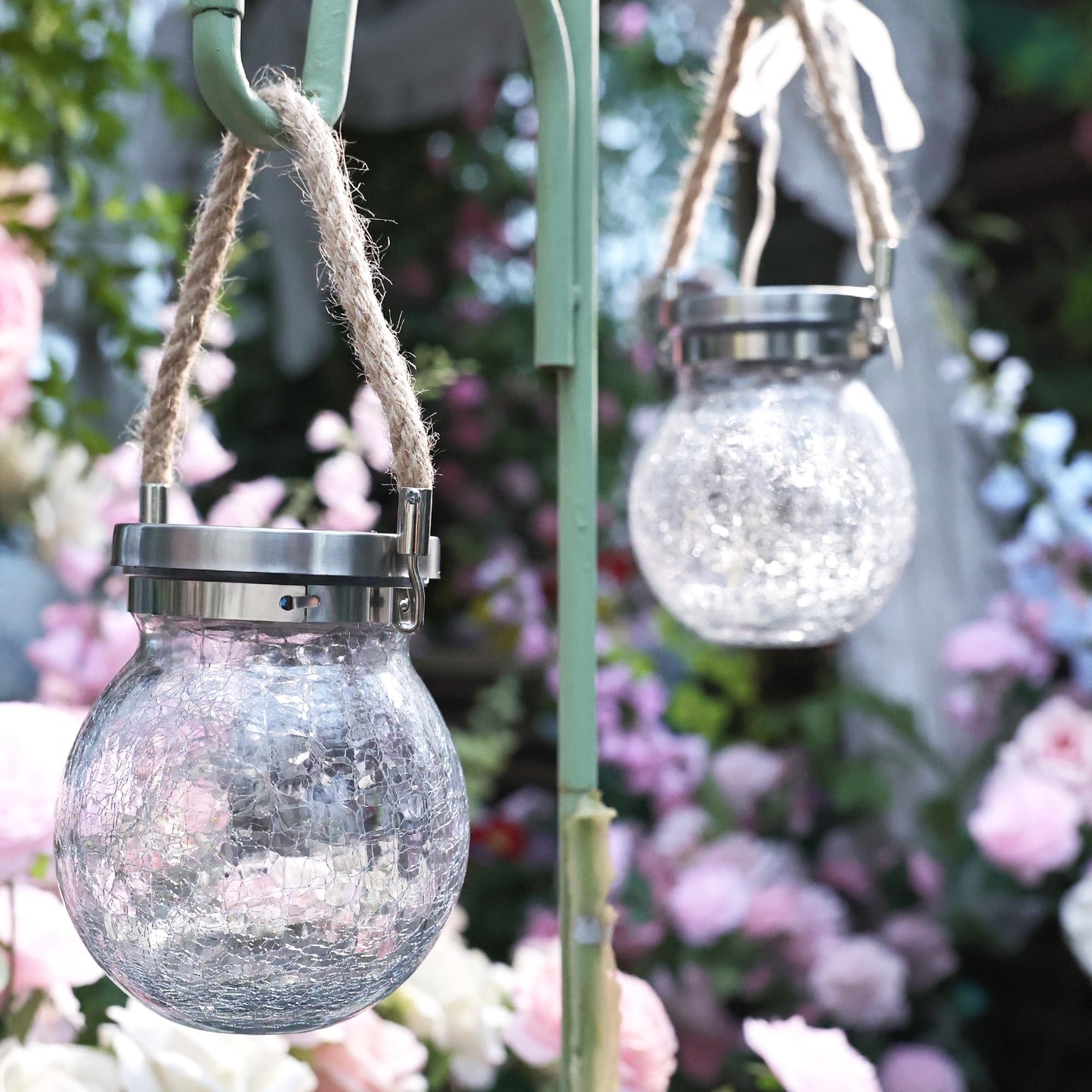 Cooo 6 Pack Heavy Crackle Glass Solar Lantern with 30 LED Firefly Lights– Waterproof Outdoor Hanging Lamp 215% Larger Solar Panel, Stainless Steel Lid Decorative Lighting for Garden Patio Table