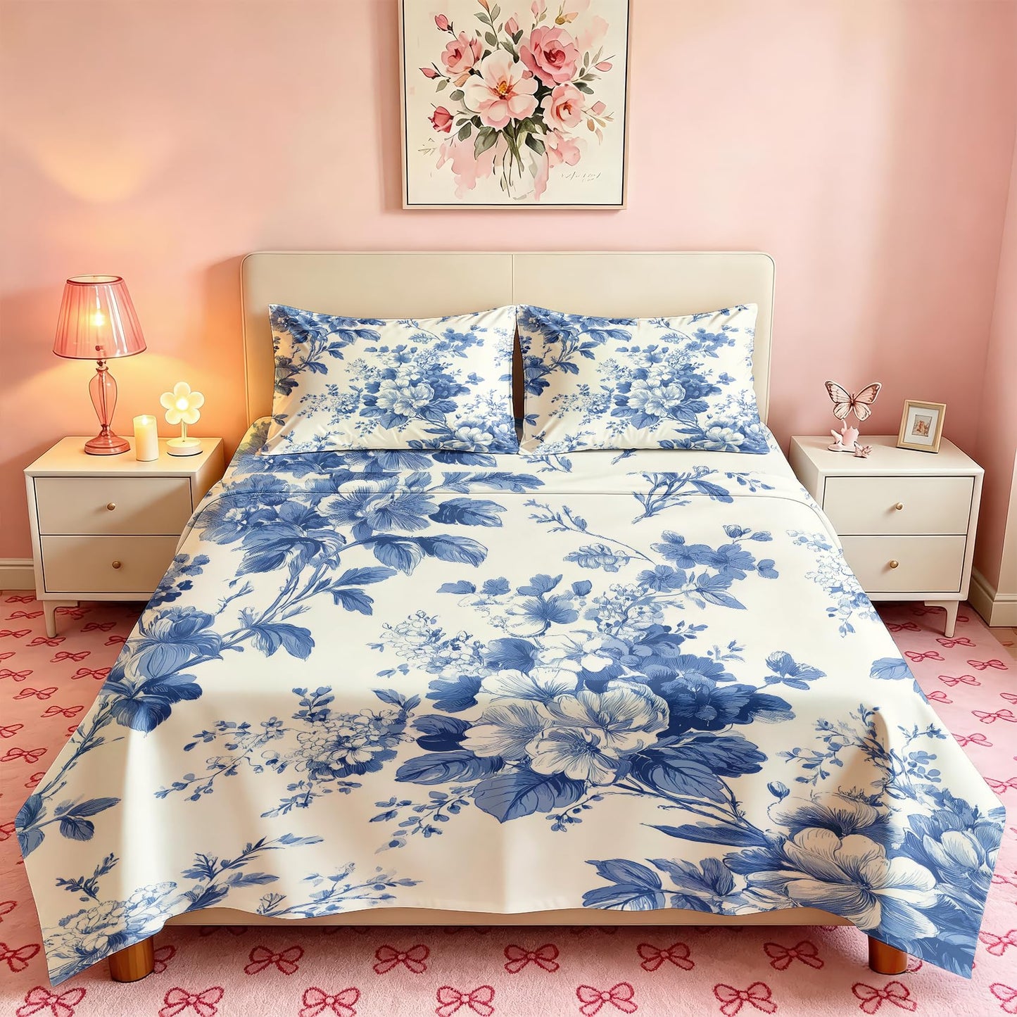 Blue and White Floral Queen Sheet Set 4 Pcs Chinoiserie Bed Sheets