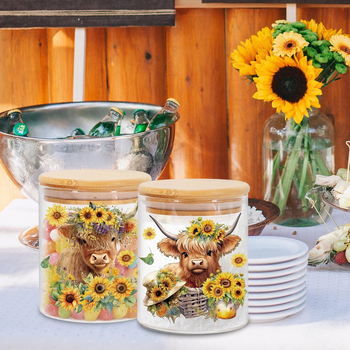 JarThenaAMCS 3Pcs Highland Cow Sunflower Glass Storage Jars With Airtight Lid Cattle Floral Decorative Canisters Sets for Cookie Spring Summer Farmhouse Home Kitchen Countertop