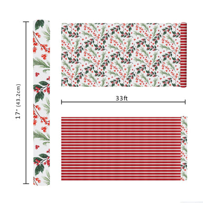 LaRibbons Reversible Christmas Wrapping Paper Roll, Vintage Red Berries & Red Stripe Gift Wrap for Christmas, Season Party, Xmas, 17 Inch x 33 Feet