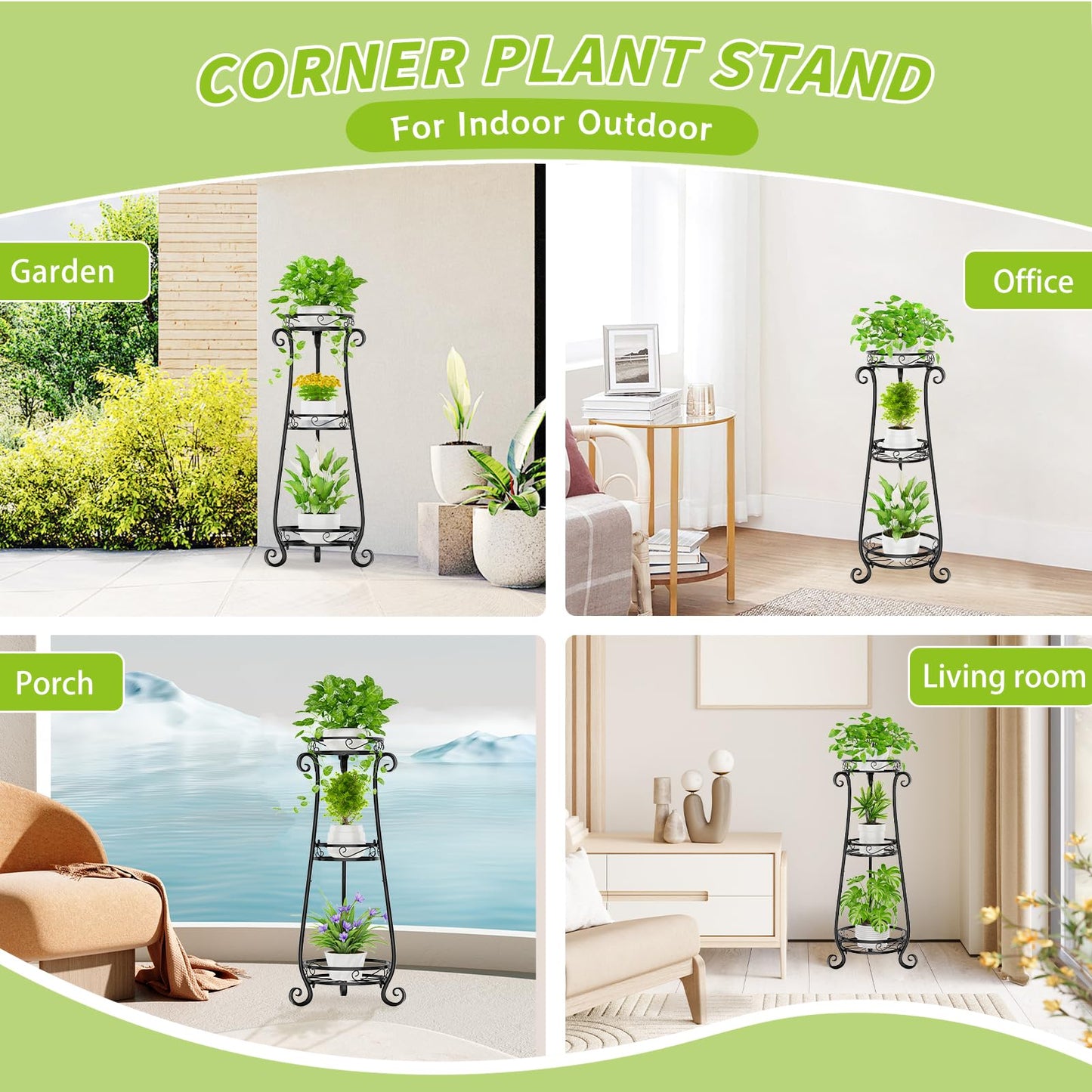 KMOTASUO 3 Tier Metal Plant Stand Indoor, 34 Inch Tall Corner Plant Stands for Indoor Plants, Flower Pot Holder Shelf Display Rack for Balcony Garden Patio Living Room(Black)