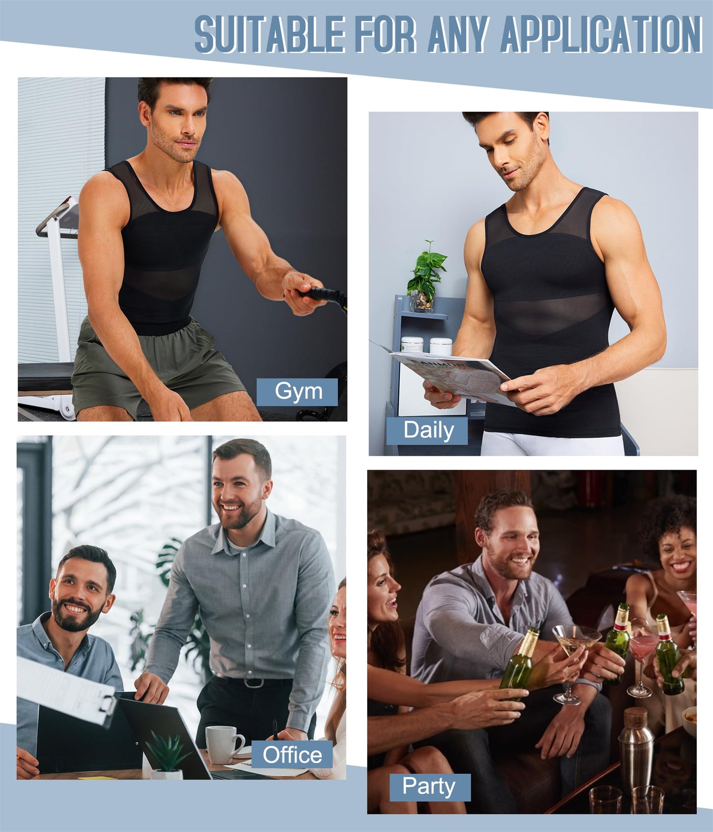 TAILONG 2 Pack Men's Compression Shirt for Body Shaper Slimming Vest Tight Tummy Control Shapewear Tank Top