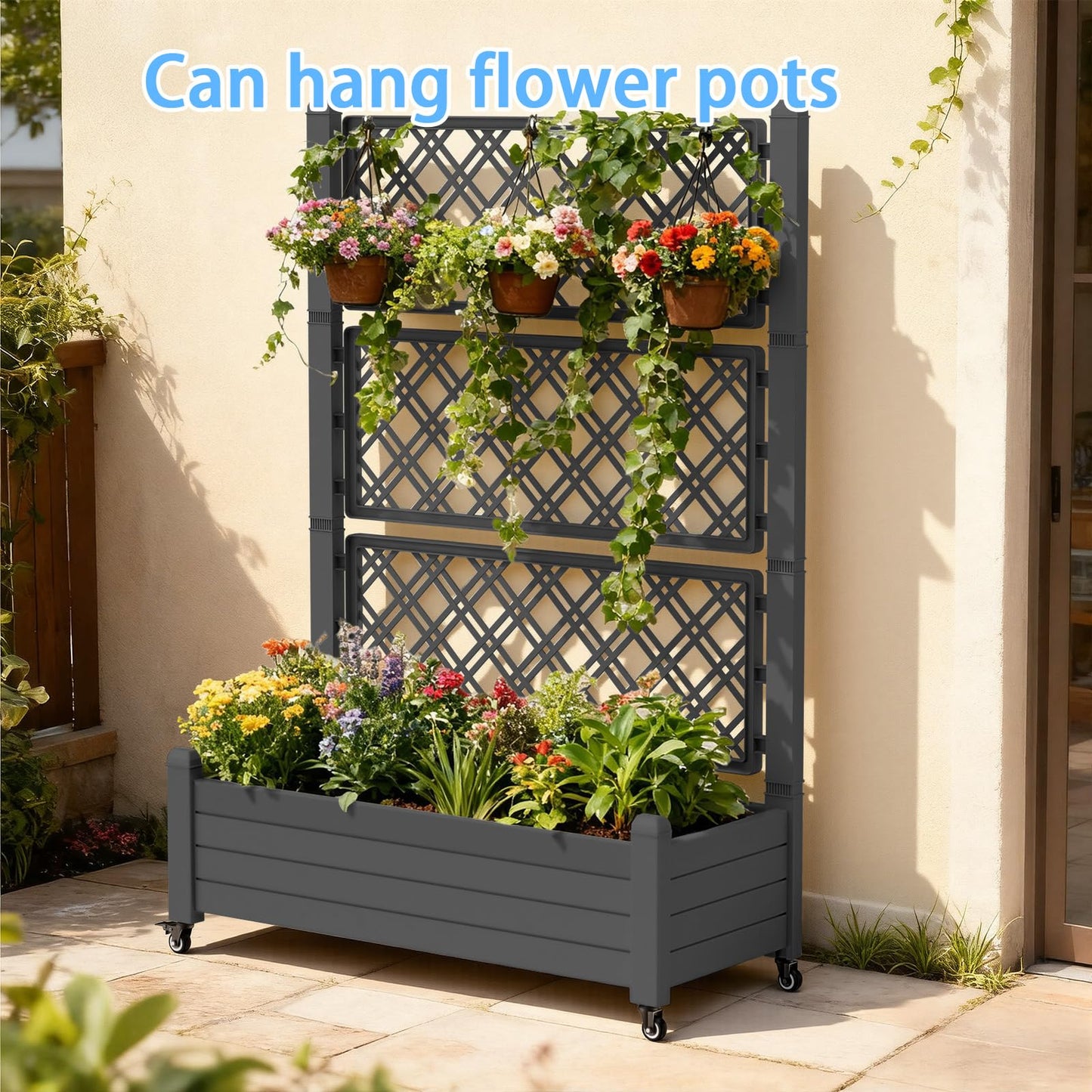TimberAura 43" x 18" Planter Box with Trellis and Wheels, Large Raised Garden Bed with Cucumber Trellis for Climbing Plants, Outdoor Elevated Planter with Self-Watering & Drain Plug (Black)