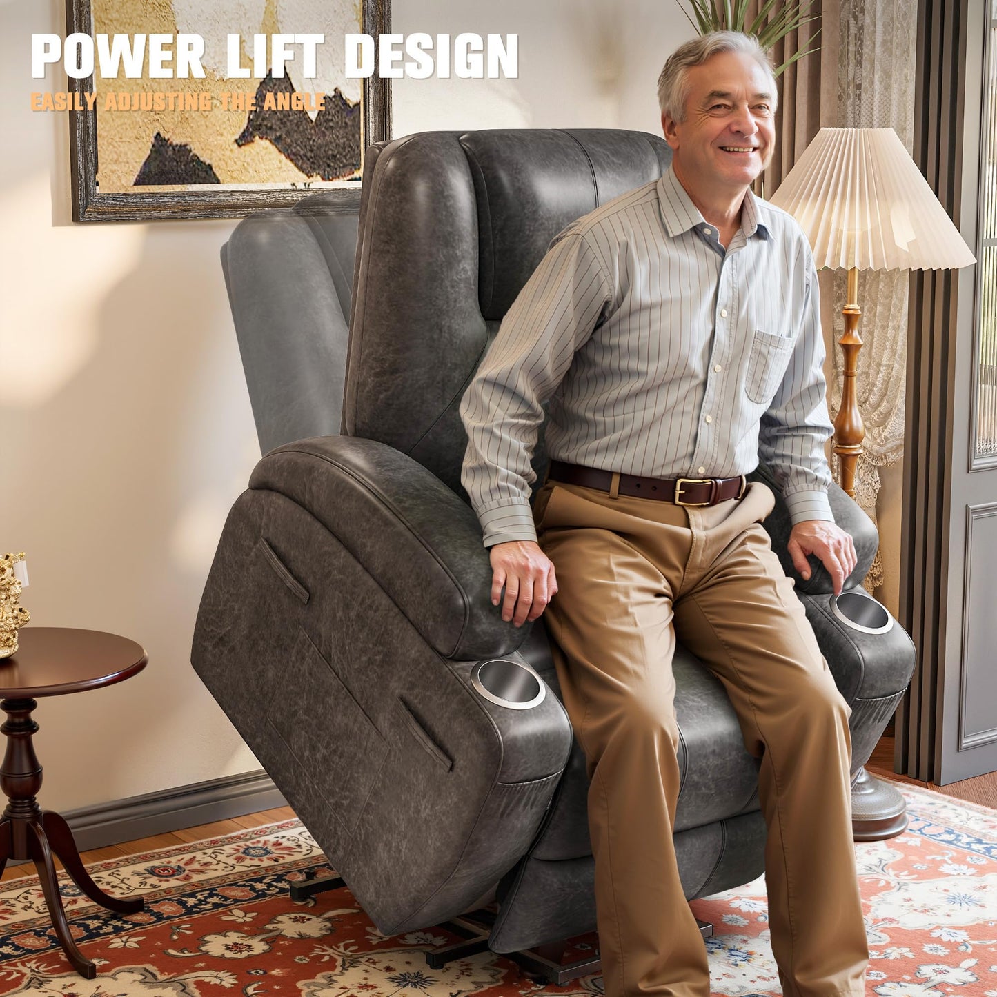 Flamaker Power Lift Recliner Chair Electric Lift Recliner for Elderly Power Lift Recliner Chair with Cup Holders Side Pockets for Living Room (Leathaire, Light Black)