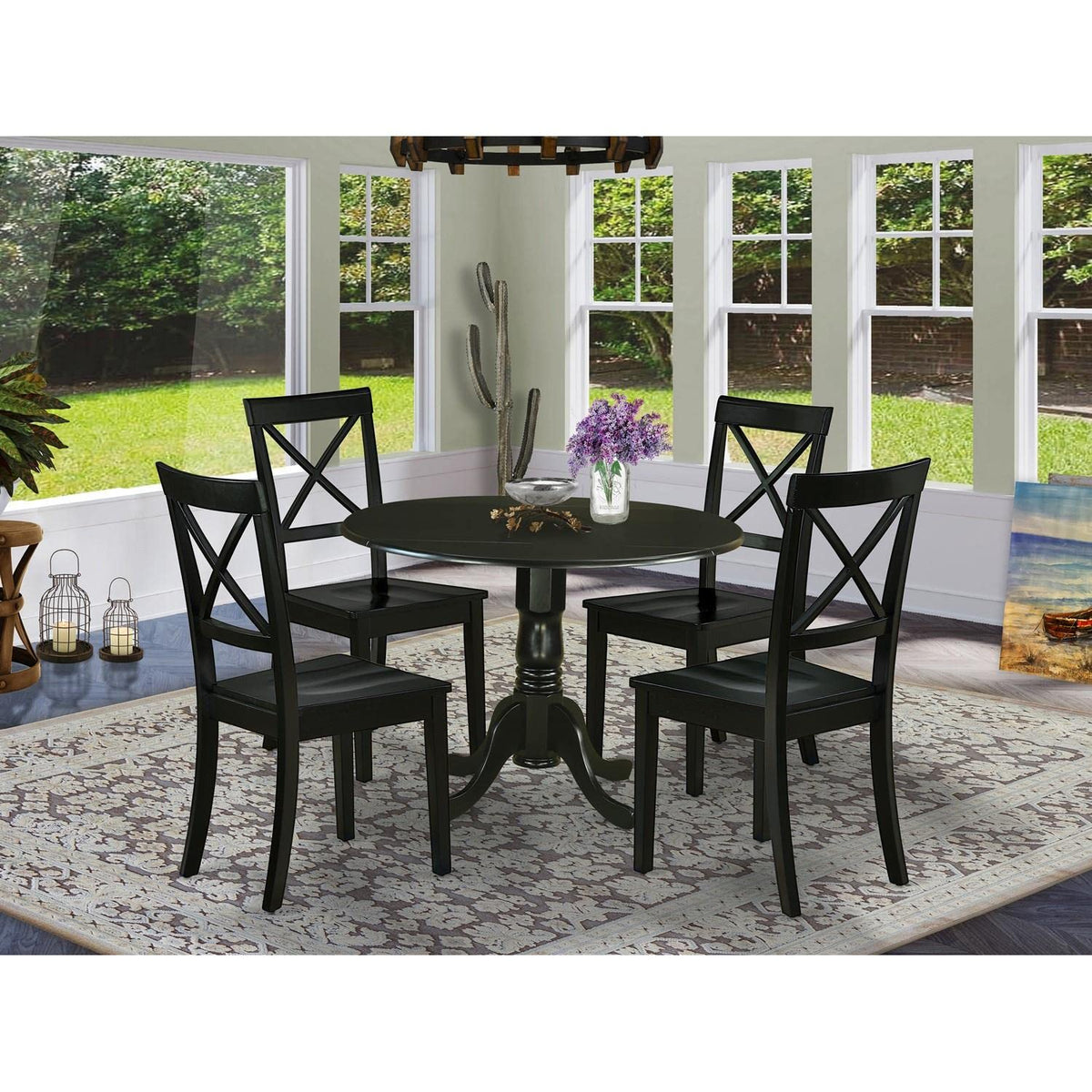 East West Furniture DLBO5-BLK-W 5 Piece Dinette Set for 4 Includes a Round Dining Room Table with Dropleaf and 4 Kitchen Dining Chairs, 42x42 Inch, Black