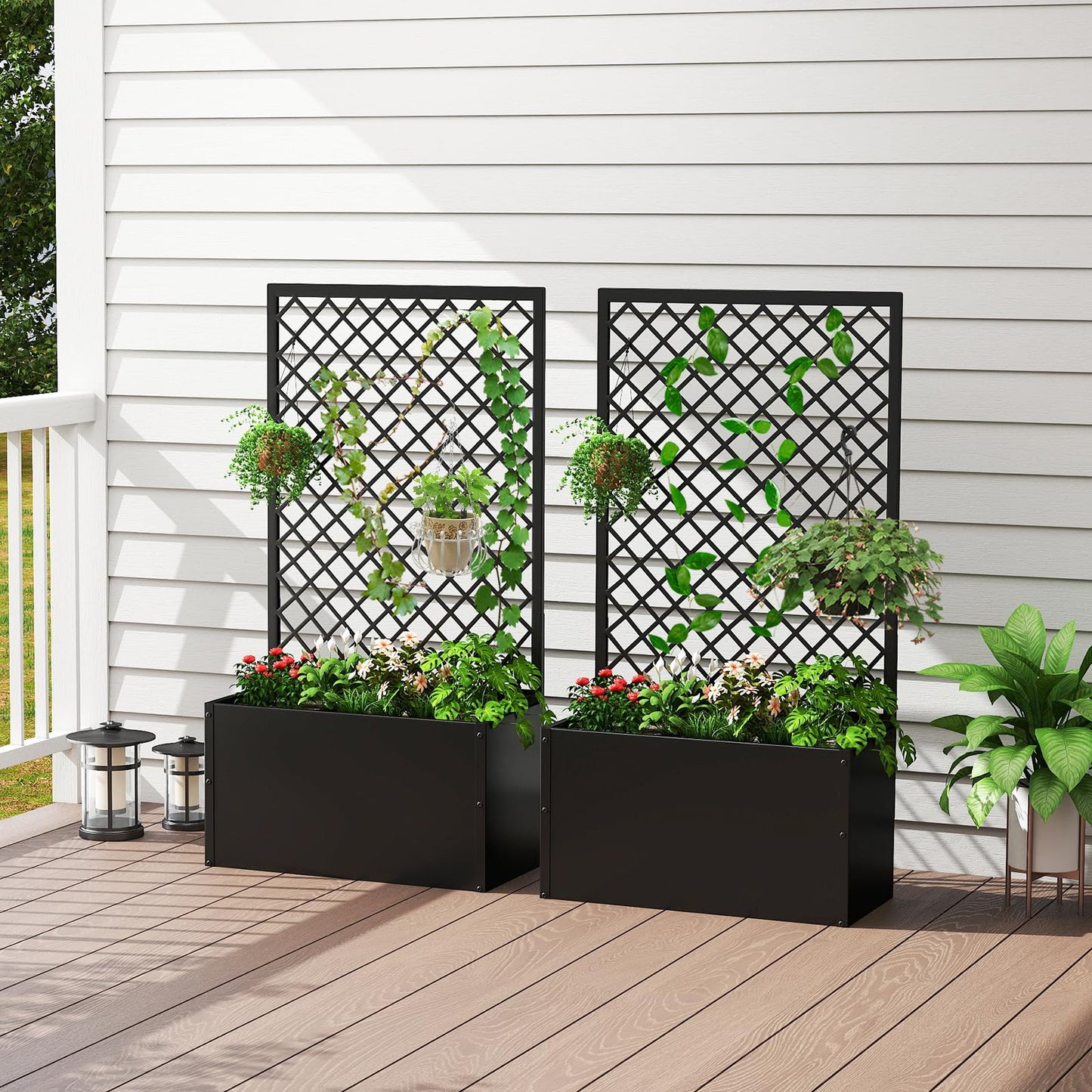 kinbor Planter with Trellis - Set of 2 Planter Boxes Outdoor, Metal Raised Garden Bed with Lattice Trellis for Climbing Plants, Black Flower Boxes Outdoor