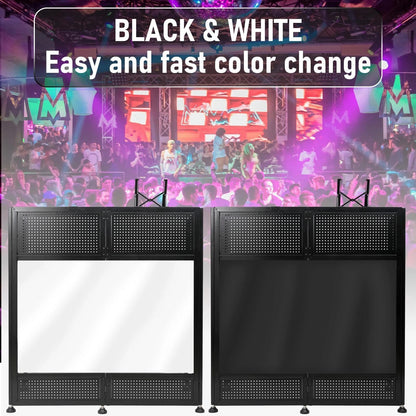 Portable DJ Booth Table, 41"L x 20"W DJ Table Stand Portable Booth Double Deck, Adjustable DJ Facade Station with White & Black Scrim, Foldable Metal Frame DJ Booth Panel for Parties, Wedding, Bars
