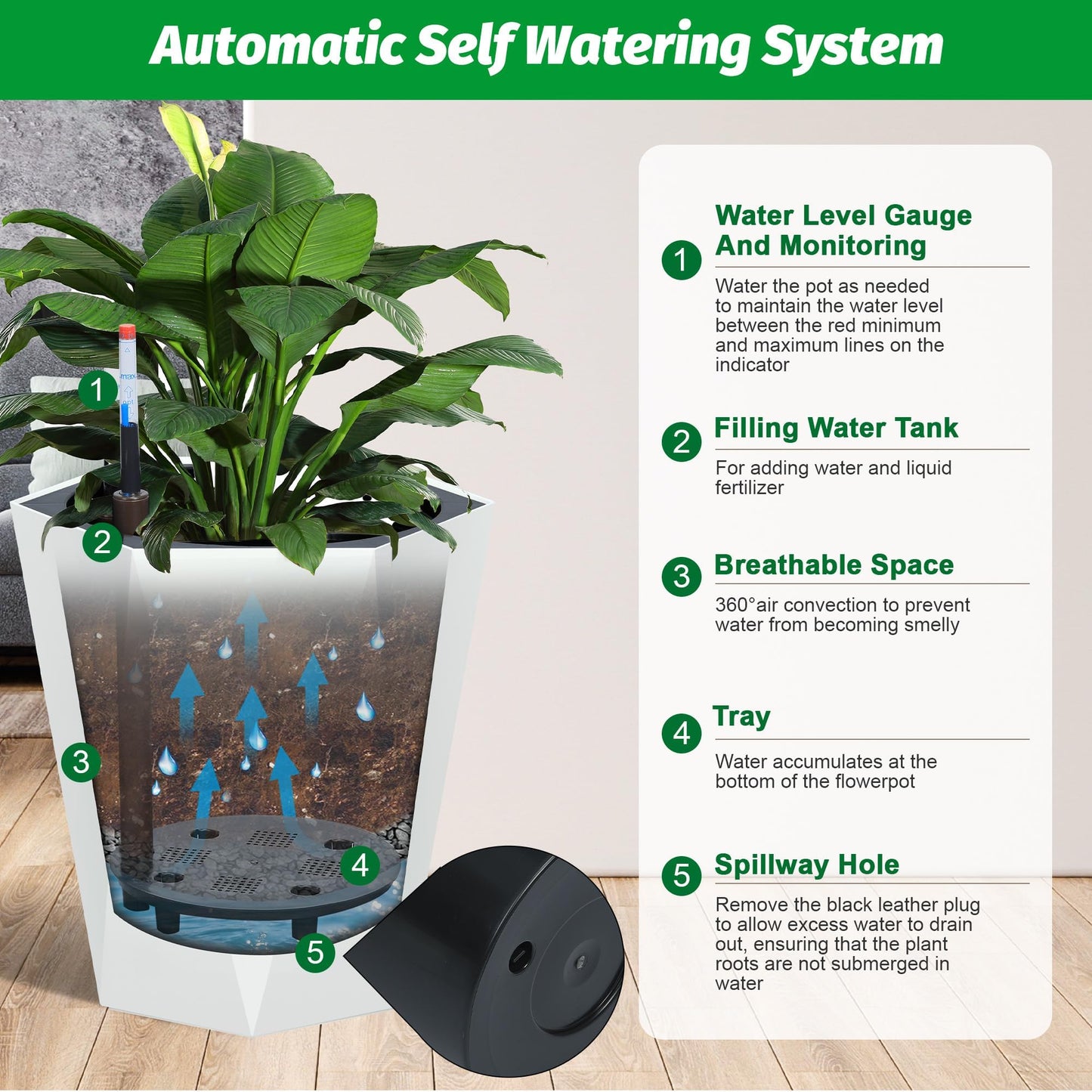 LuyFuitre Set of 2 Tall Planters for Outdoor Plants, 16 Inch Tall Planter Pots with Water Level Monitor, Wheels & Inner Bucket for Indoor Outdoor, White