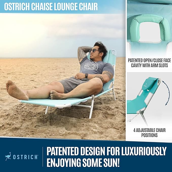 Ostrich 72 by 22 Inch Versatile Chaise Lounge Portable Reclining Lounger, Outdoor Patio, Beach, Lawn, Camping, or Pool Tanning Chair, Aqua