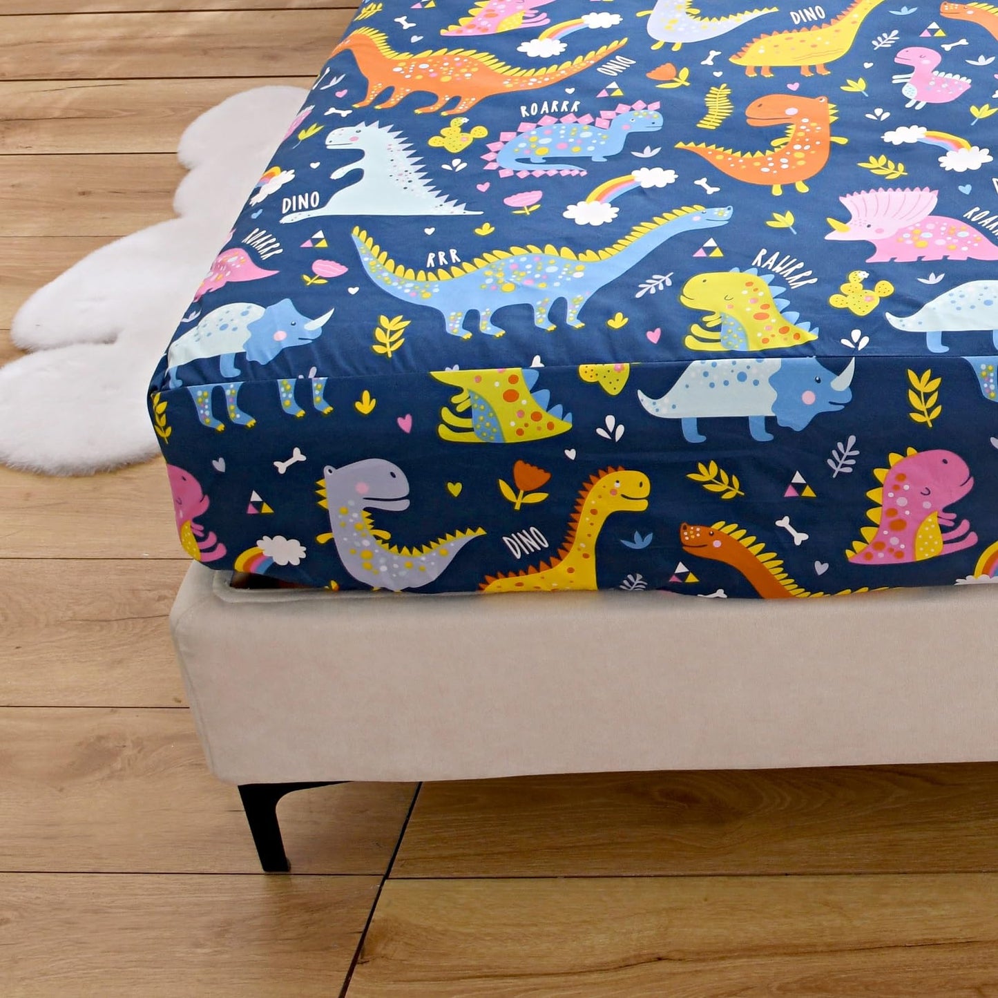 NATURETY Bedding Fitted Sheet with Deep Pocket,Dino Printed Thicken Soft Fabric Bed Sheets (Navy Blue(Dinosaur), Queen)